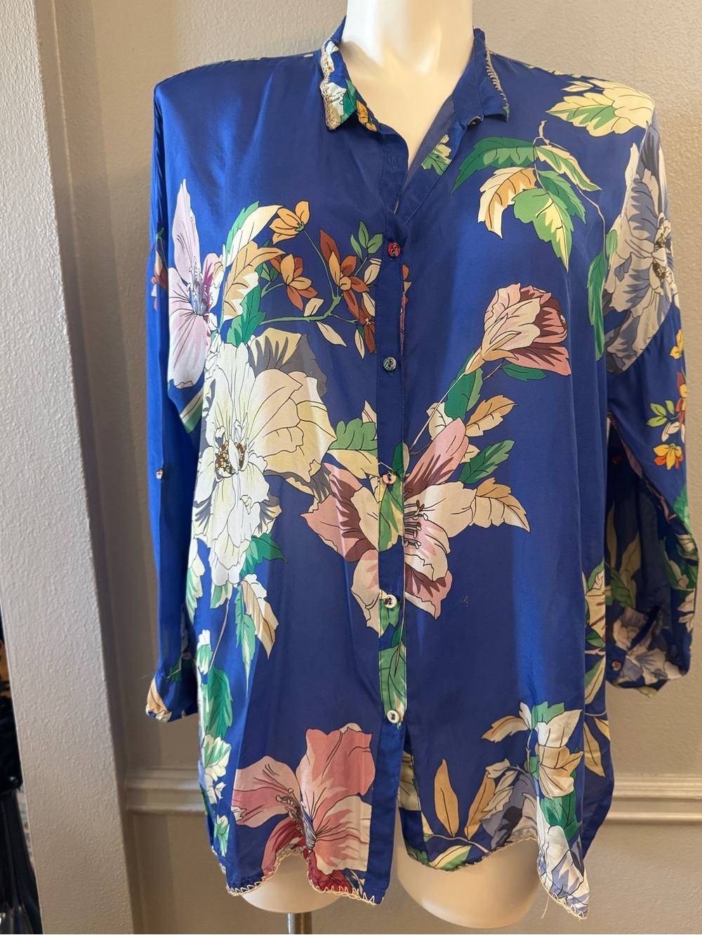 Johnny Was Royal Blue Floral Button-Front Shirt